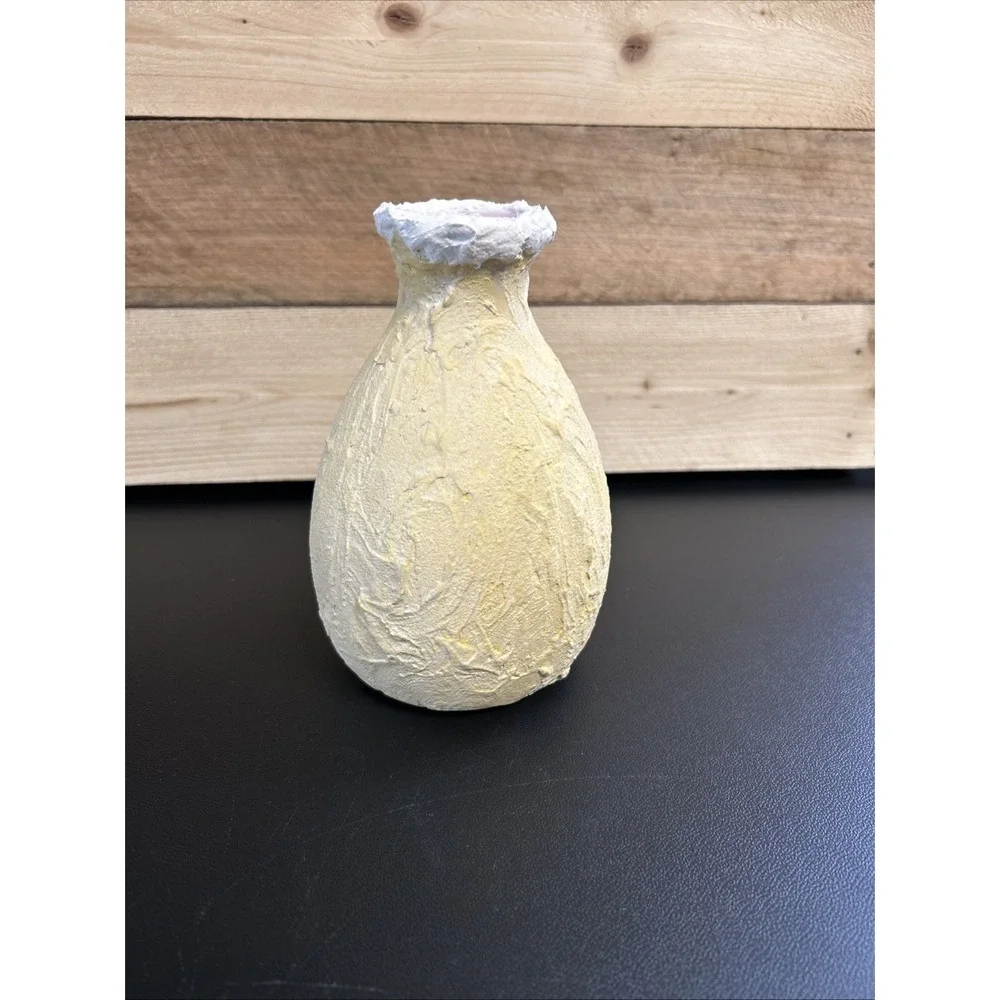 Quirky Revamped Ceramic Vase Rustic Primitive Textured Yellow Grunge Whimsical‎